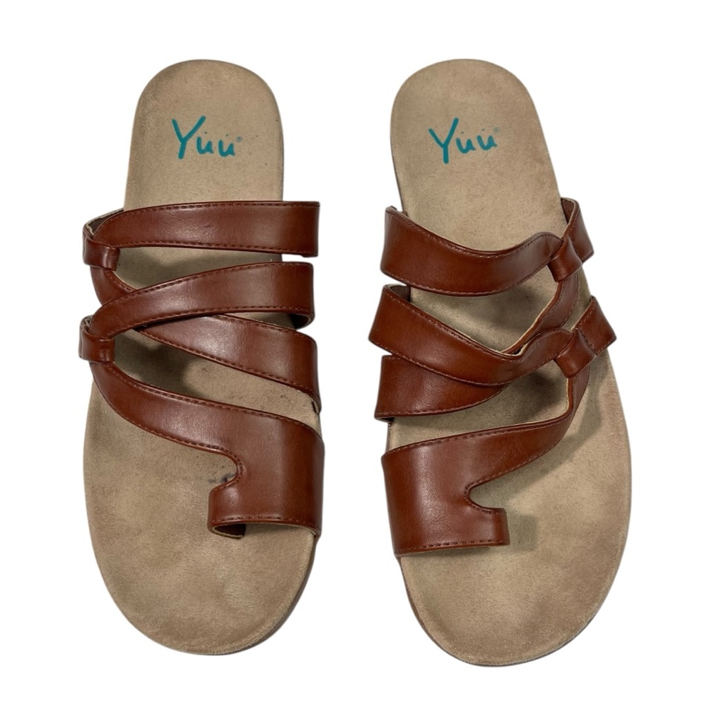 Yuu Julia Brown Faux Leather Strappy Upper Slip On Comfort Sandals 9.5 9 1/2